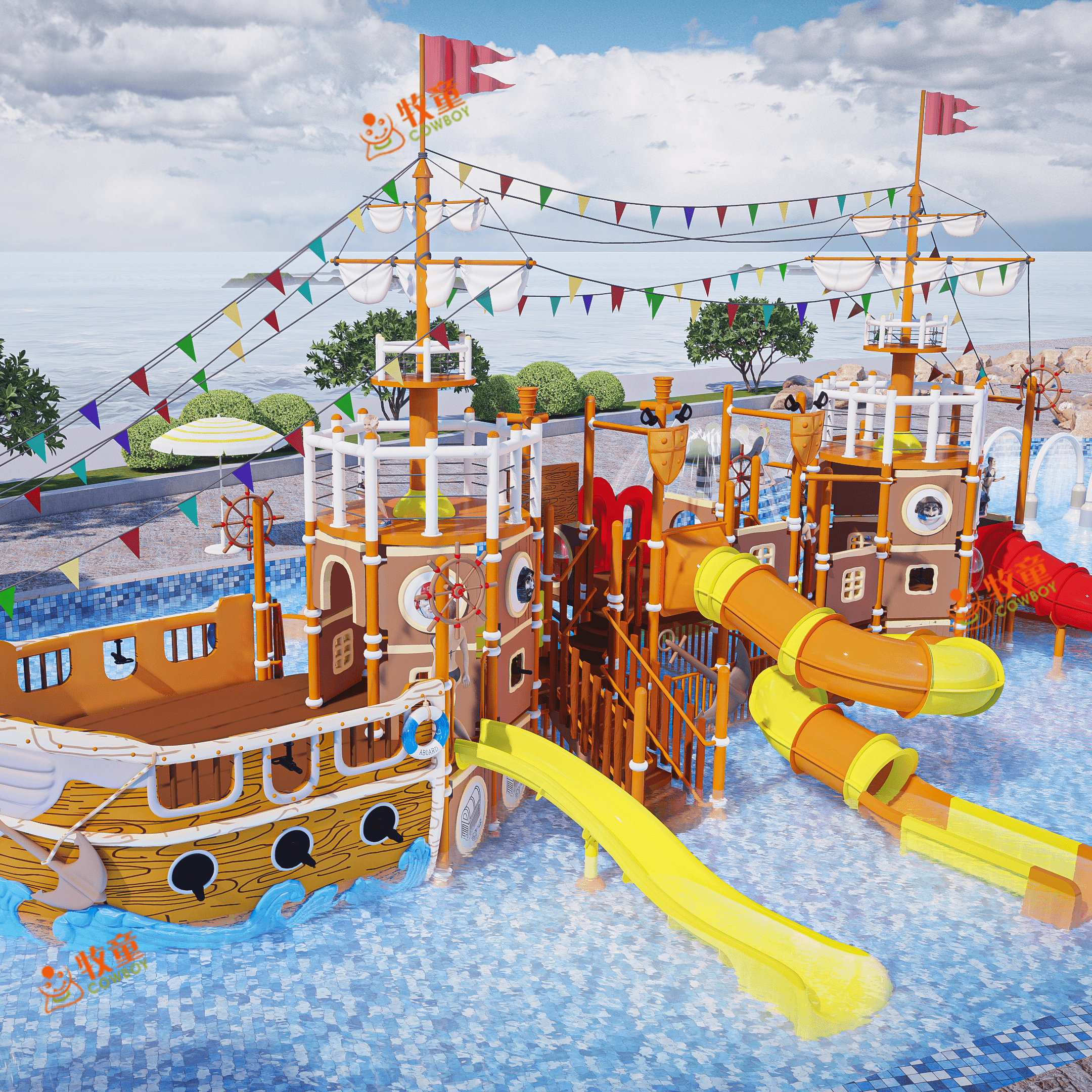 The Customized Small Water House With Pirate Ship Water Slides